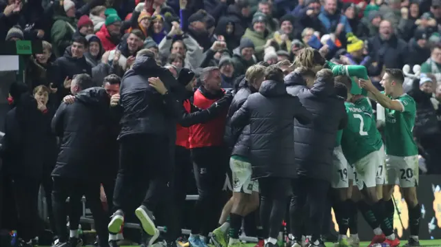 Plymouth celebrate scoring in the 96th minute against Watford