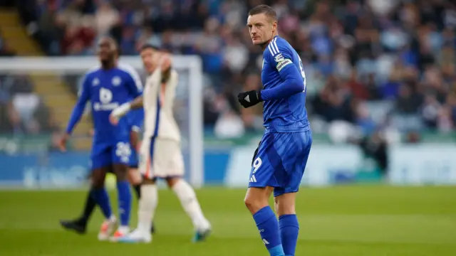 Leicester City's Jamie Vardy looks on