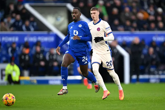 Boubakary Soumare of Leicester City is challenged by Cole Palmer