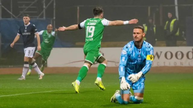 DUNDEE, SCOTLAND - NOVEMBER 23: Hibernian's Nicky Cadden celebrates after scoring to make it 1-0 during a William Hill Premiership match between Dundee and Hibernian at the Scot Foam Stadium at Den's Park on November 23, 2024, in Dundee, Scotland. (Photo by Euan Cherry / SNS Group)