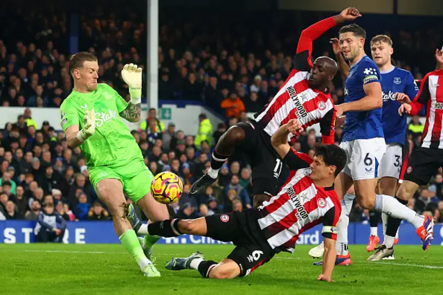 Jordan Pickford of Everton is fouled by Christian Norgaard