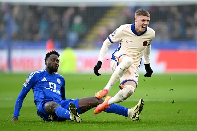 Cole Palmer of Chelsea is fouled by Wilfred Ndidi of Leicester City