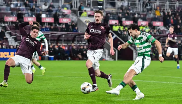 EDINBURGH, SCOTLAND - NOVEMBER 23: Celtic's Nicolas Kuhn scores to make it 2-0 during a William Hill Premiership match between Heart of Midlothian and Celtic at Tynecastle Park on November 23, 2024, in Edinburgh, Scotland. (Photo by Craig Foy / SNS Group)