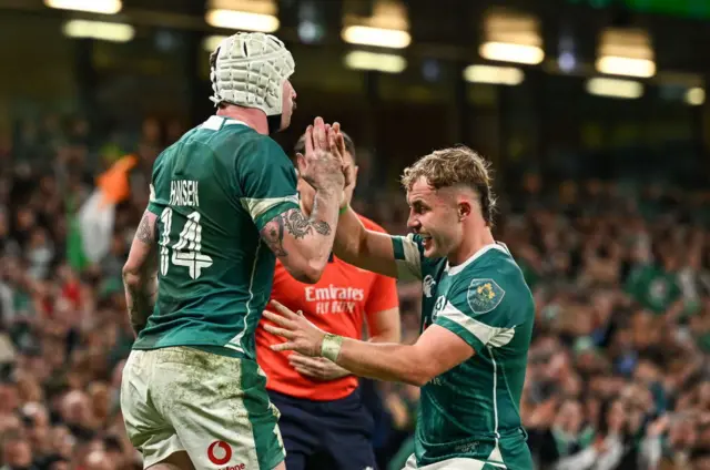 Mack Hansen celebrates try