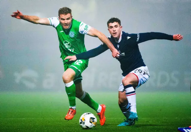 DUNDEE, SCOTLAND - NOVEMBER 23: Hibernian's Chris Cadden (L) and Dundee's Finlay Robertson in action during a William Hill Premiership match between Dundee and Hibernian at the Scot Foam Stadium at Den's Park on November 23, 2024, in Dundee, Scotland. (Photo by Euan Cherry / SNS Group)