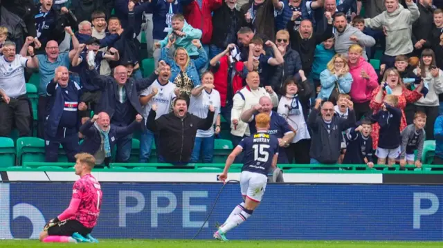 Dundee's Simon Murray celebrates after making it 2-2 during a William Hill Premiership match between Hibernian and Dundee at Easter Road, on August 24, 2024.