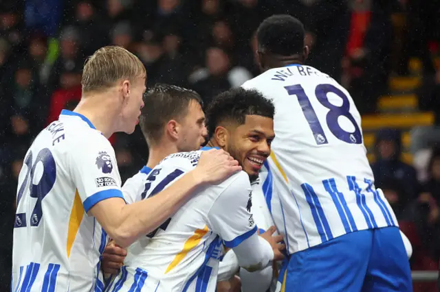 Brighton & Hove Albion players celebrate after Joao Pedro (blocked) scores