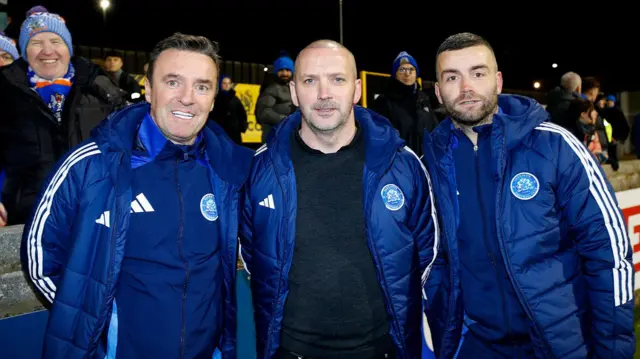 Glenavon manager Paddy McLaughlin flanked by backroom staff Marty McCann and Colin Coates