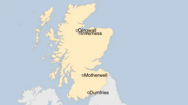 The map shows the locations of Dingwall, Inverness, Motherwell and Dumfries.