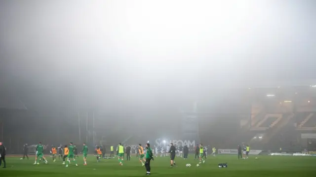 DUNDEE, SCOTLAND - NOVEMBER 23: Fog rolls in during a William Hill Premiership match between Dundee and Hibernian at the Scot Foam Stadium at Den's Park on November 23, 2024, in Dundee, Scotland. (Photo by Euan Cherry / SNS Group)