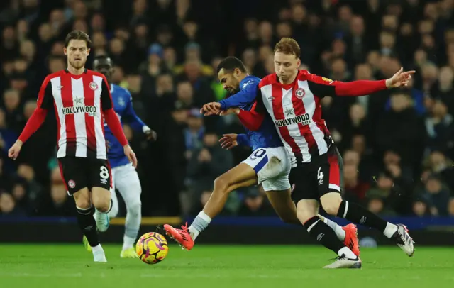 Brentford's Sepp van den Berg in action with Everton's Iliman Ndiaye