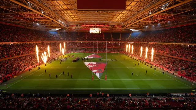 The Principality Stadium with pyrotechnics