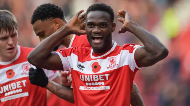 Emmanuel Latte Lath celebrates scoring for Middlesbrough against Luton