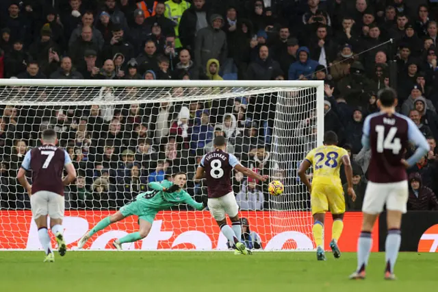 Youri Tielemans of Aston Villa takes a penalty kick