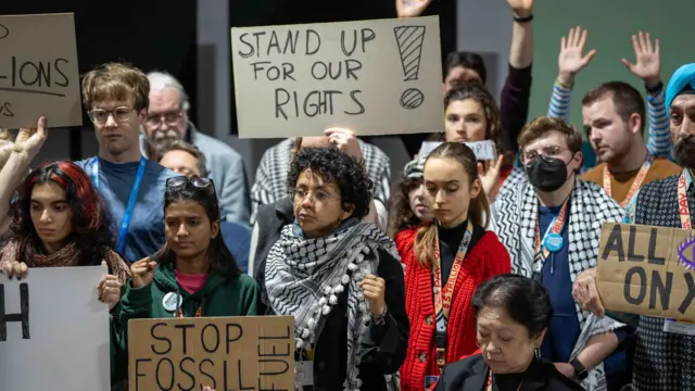 Group of protesters at COP29, holding up placards saying things like Stop Fossil Fuel, Stand up for our rights