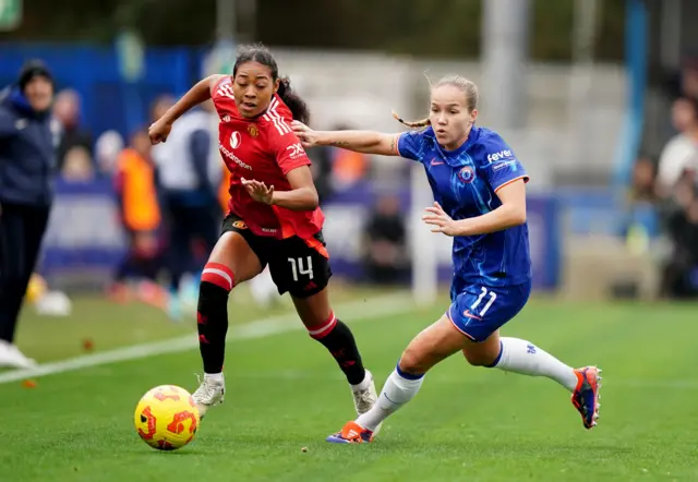 Manchester United's Jayde Riviere (left) and Chelsea's Guro Reiten