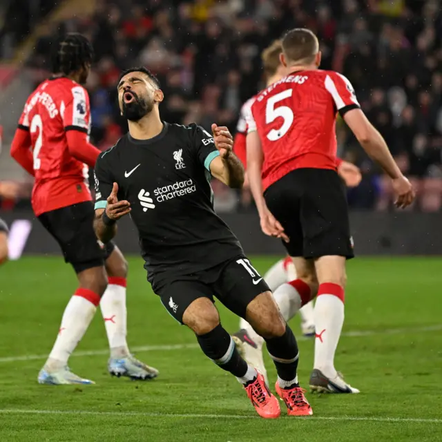 Salah reacts to a missed chance that could have resulted in his hat-trick