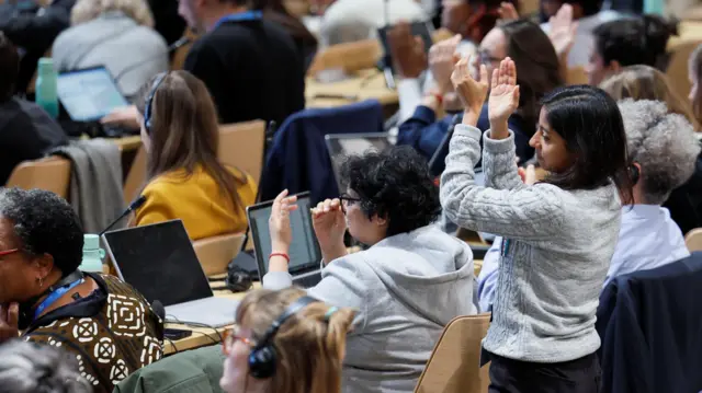 People applaud during a closing plenary meeting, at the United Nations Climate Change Conference COP29, in Baku