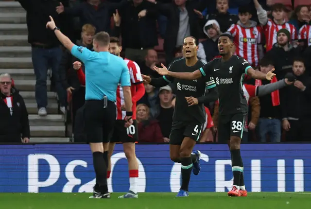 Liverpool players appeal to the referee