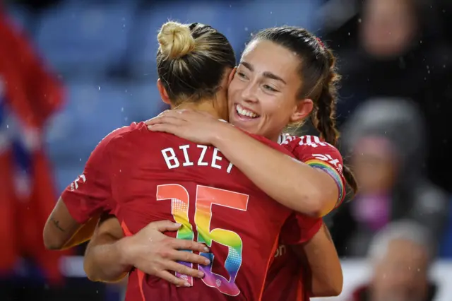 Celin Bizet of Manchester United celebrates with Maya Le Tissier