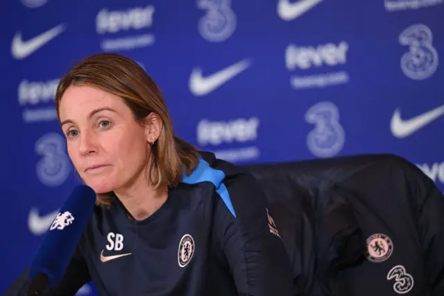 Sonia Bompastor, Head Coach of Chelsea speaks to media during a Chelsea FC Women press conference