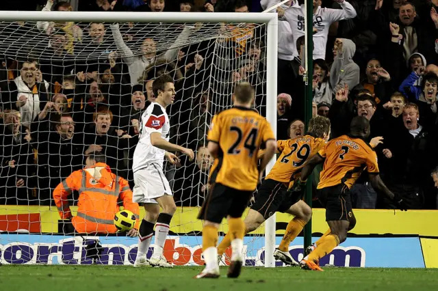 Wolves celebrating a goal against Manchester United in 2011