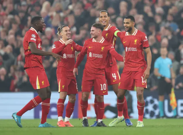 Liverpool players celebrating a goal