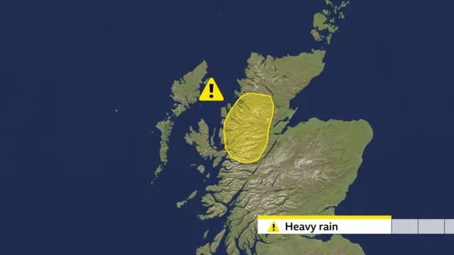 A graphic shows a rain warning in effect in northern Scotland