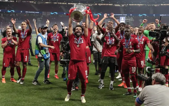 Mohamed Salah lifts the Champions League trophy