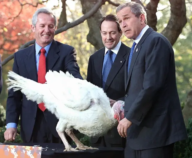 US President George W. Bush(R) joined by turkey farmers Jeff Radford(L) and Stuart Proctor(C) meets Liberty, the turkey to receive the annual Thanksgiving Presidential Pardon in the Rose Garden of the White House 19 November 2001