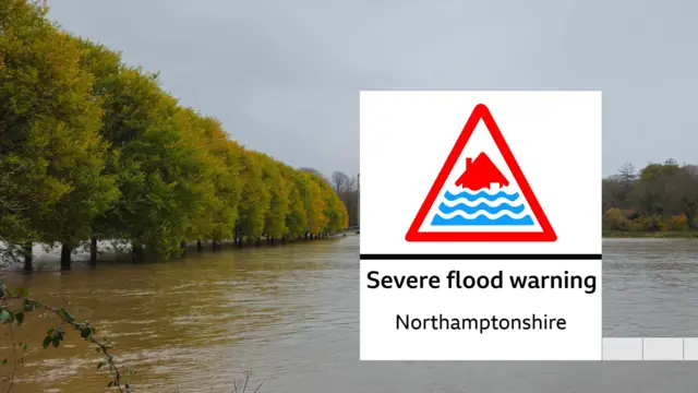 A graphic shorts a severe flood warning in force in Northamptonshire over a flooded river.