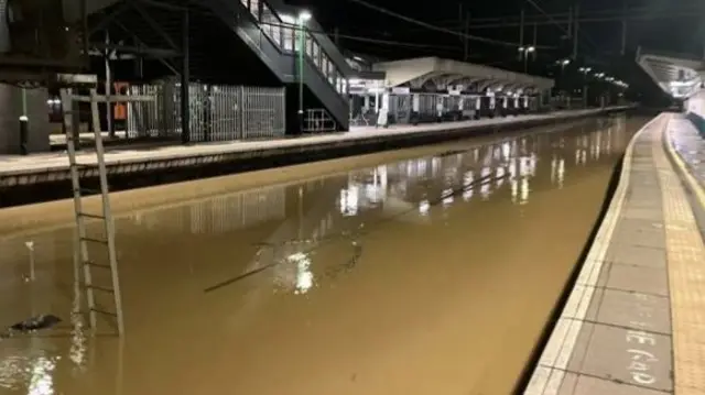 Flooded track at Northampton station