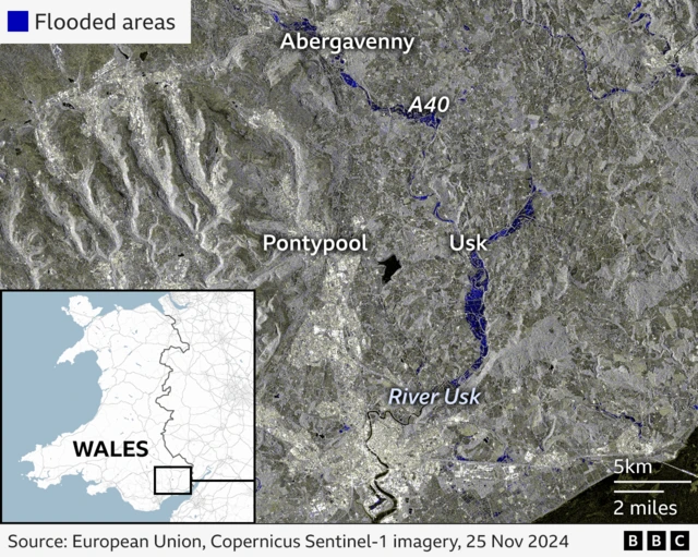 Satellite map of South East Wales highlighting flooded areas in blue