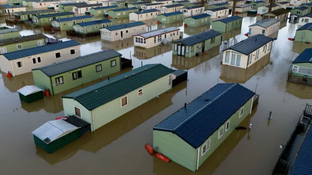 Aerial view of flooded mobile homes at Billing Aquadrome Holiday Park near Northampton