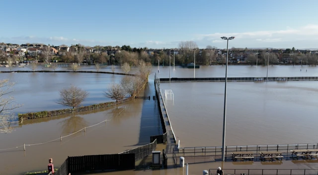 A football pitch completely submerged in water