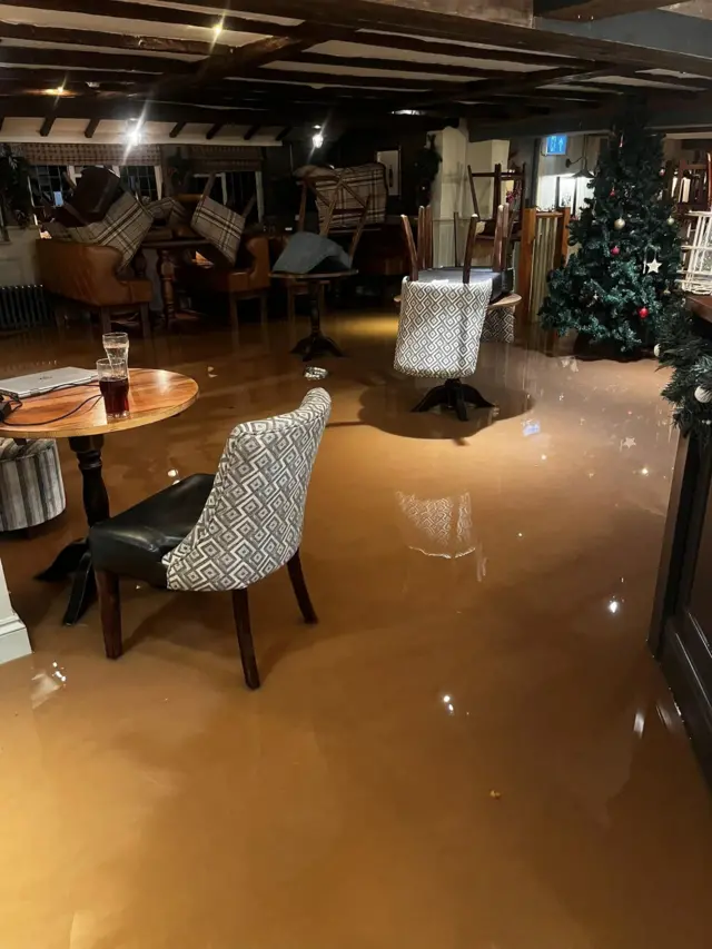 Flooded bar and restaurant