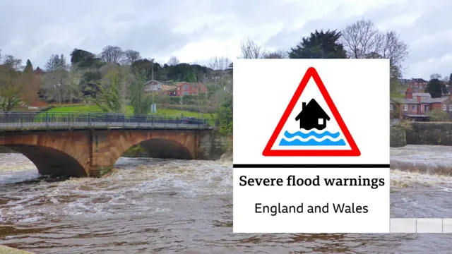 A graphic showing 'severe flood warnings, England and Wales' against a river that has burst its banks