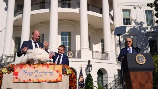 A turkey and Joe Biden in front of the White House