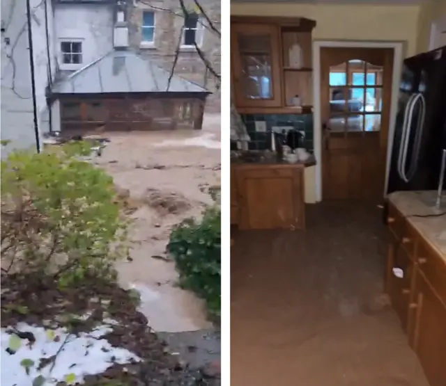 Composite images of the outside and inside of Simon Pierpoint's house in Bronygarth, both showing flood water at a high level against an outside wall and in the kitchen.