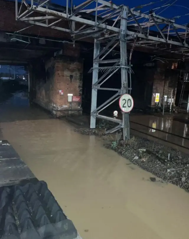 Flooded tracks at Northampton station