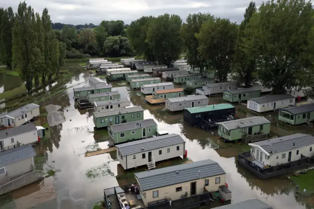 Floodwater around properties at Billing Aquadrome holiday park, Northamptonshire on Wednesday, 25 September, 2024.