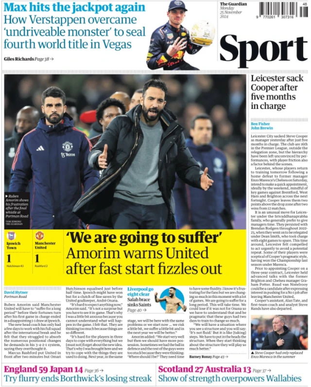 The back page of Monday's Guardian newspaper