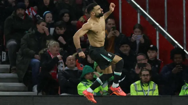 Liverpool's Mo Salah celebrates after scoring against Southampton