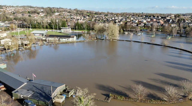 An aerial view of a flooded football pitch in Lydney