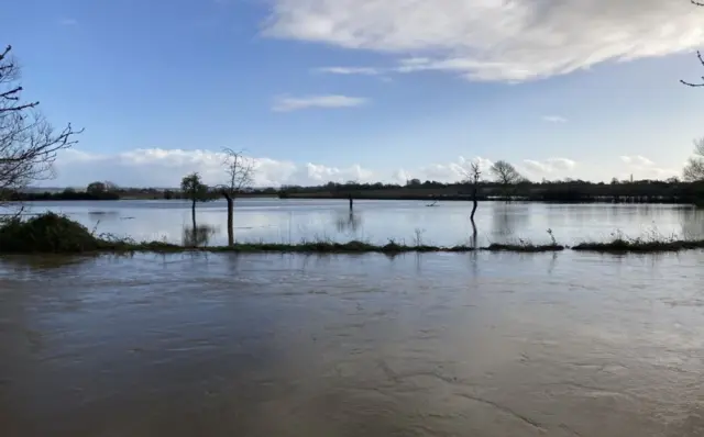 Flooding across fields in Ilchester, near Yeovil