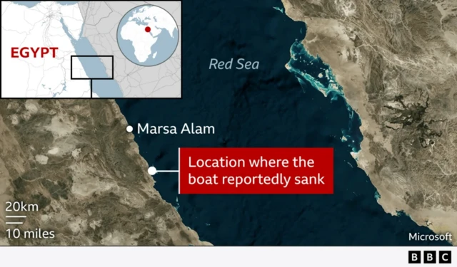 Map showing location of boat sinking near Marsa Alam on Egyptian Red Sea coast