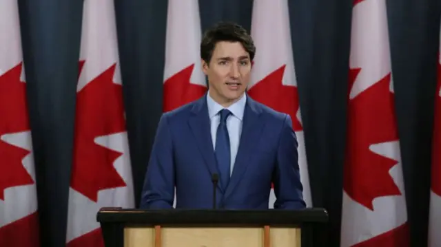 Justin Trudeau stands at a lectern in a suit, in front of a line of Canadian flags