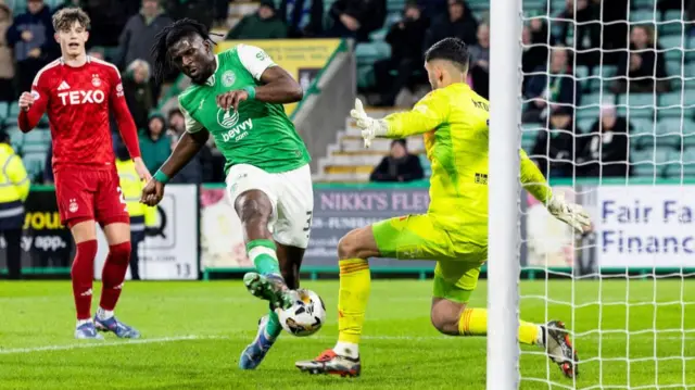 96th minute: Rocky Bushiri rounds off an extraordinary finale by prodding in his first Hibs goal to make it 3-3