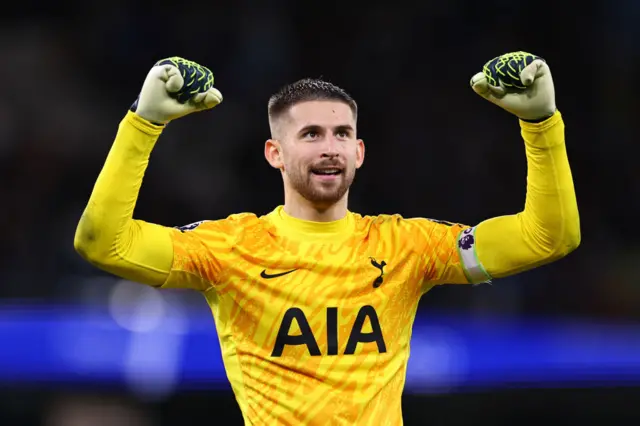 Guglielmo Vicario celebrating Tottenham's win at Manchester City