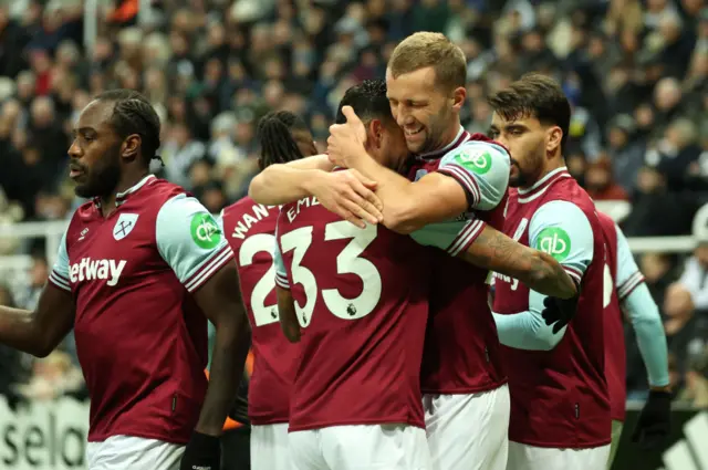 Tomas Soucek and Emerson hug after Soucek's goal for West Ham at Newcastle